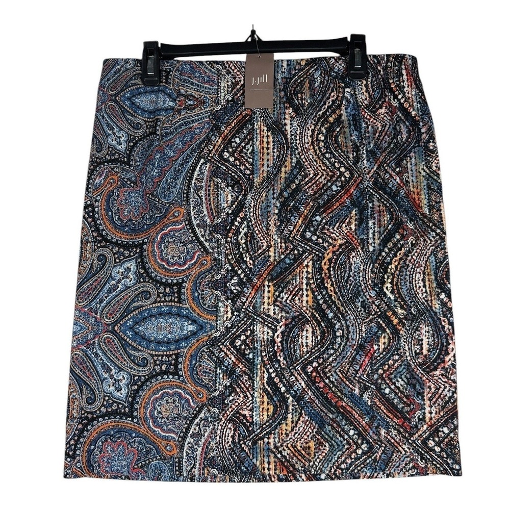 J. Jill Ponte Pencil Skirt Medium‎ Tall MT Blue Orange Paisley Geometric NWT